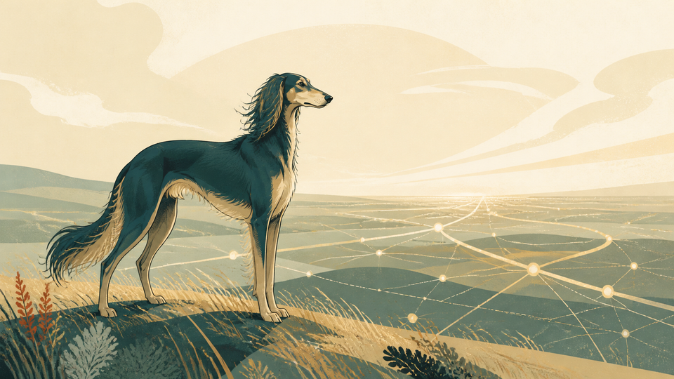 Editorial illustration of a Kazakh Tazy overlooking a network of paths across the steppe